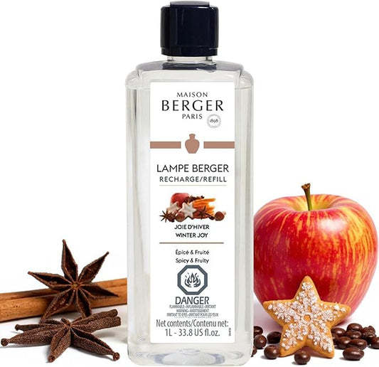 MAISON BERGER - Winter Joy Home Fragrance Refill, 1L (33.8 Fluid Ounces) - Catalytic Diffuser Air Purifier - Holiday Scent - 160h Diffusion - French Luxury for Lampe Berger