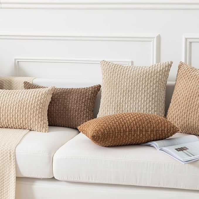 Kevin Textile Throw Pillow Covers Soft Corduroy Decorative Set of 2 Boho Striped Pillow Covers Pillowcases Farmhouse Home Decor for Couch Bed Sofa Living Room 24x24 Inch Beige