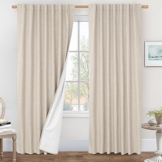 LAMIT 100% Blackout Linen Curtains 95 Inches Long, Living Room Farmhouse Drapes Full Room Darkening Back Tab and Rod Pocket Panels with White Liner, 2 Panels, Oatmeal, 60 x 95 Inch