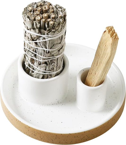 Ceramic Smudge Tray, 2 in 1 Smudging Bowl, Sage Holder, Palo Santo Holder, Incense Holder for Sage and palo Santo, Ideal for Smudging Meditation Yoga Room, Simple, Sturdy, Terracotta