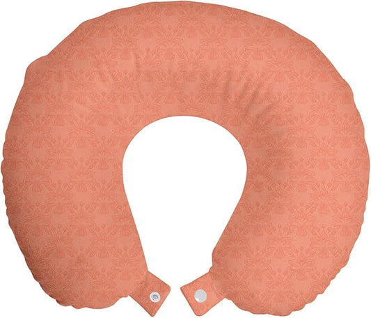 Ambesonne Peach Travel Pillow Neck Rest, Flower Ornate Pattern Nature Inspired Image with Soft Color Spring Summer Foliage Print, Memory Foam Traveling Accessory for Airplane and Car, 12", Peach