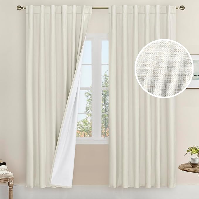 LAMIT Natural 100% Blackout Linen Curtains, 78 Inches Linen Textured Thermal Bedroom Curtains Back Tab and Rod Pocket Neutral Panels with White Liner for Farmhouse, 2 Panels, 52 x 78 Inch, Ivory