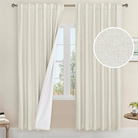 LAMIT Natural 100% Blackout Linen Curtains, 80 Inches Linen Textured Thermal Bedroom Curtains Back Tab and Rod Pocket Neutral Panels with White Liner for Farmhouse, 2 Panels, 52 x 80 Inch, Ivory