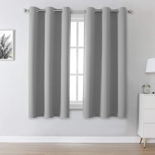 DUALIFE Light Grey Blackout Curtains Short Grommet Curtains 38 X 45 Inch Length Set of 2 Panels Thermal Insulated Solid Energy Efficient Room Darkening Bedroom Curtains