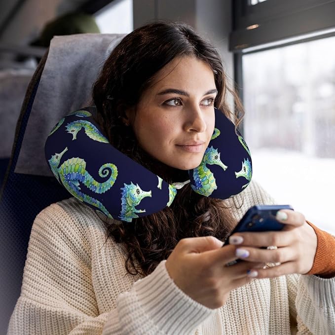 Memory Foam Airplane Pillow Seahorses for Car Chin Head Neck Supporting, U Shape Pillows Travel Cushion for Office, Nap Sleeping