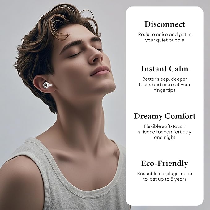 Noise Cancelling Ear Plugs 45dB – Reusable Silicone Earplugs for Sleeping, Snoring, Travel, Concerts & Work with 8 Eartips – Soft Comfortable Hearing Protection (Silver, One Size)