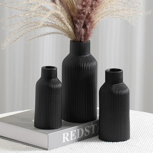 Bohemian Black Ceramic Vase - for Pampas Grass, Mantel, Bookshelf, Entryway and Living Room Decor (Black, Set of 3)