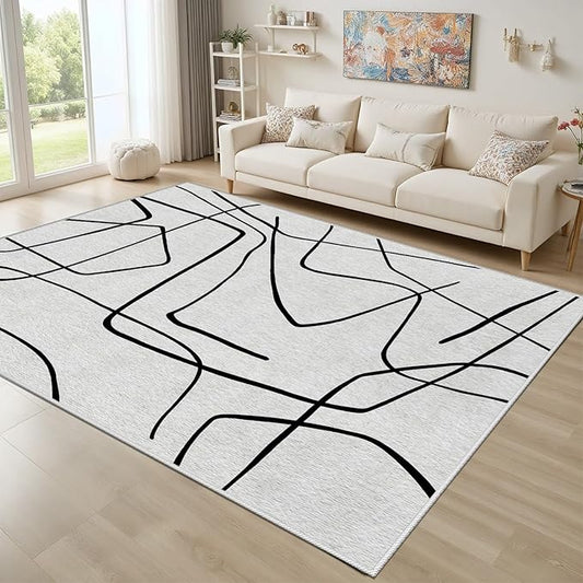 Black and White Rug - Abstract Area Rug, Black and White Rugs for Living Room, Modern Door Mat, Minimalist Washable Rugs, Contemporary Carpet Non Slip Home Decor, Curve 2x3