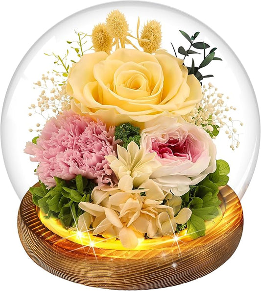 Yellow Rose Valentines Day Gifts for Her Gifts for Womens Mothers Day Gifts for Mom Grandma - Preserved Real Rose in Glass Dome with LED Strip, Forever Flowers for Delivery on Birthday