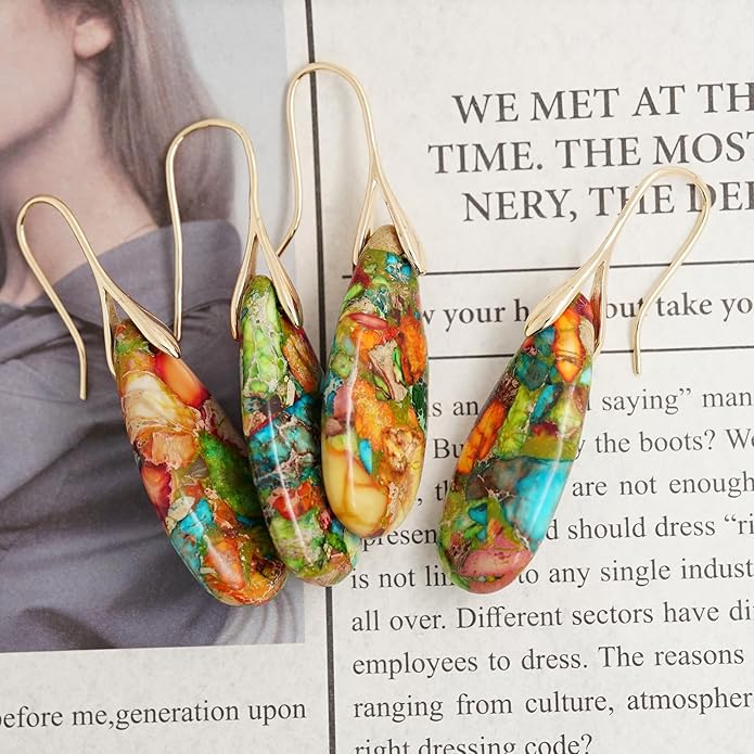 Natural Healing Stone Fishhoop Dangle Drop Earrings Statement Gold silver earrings