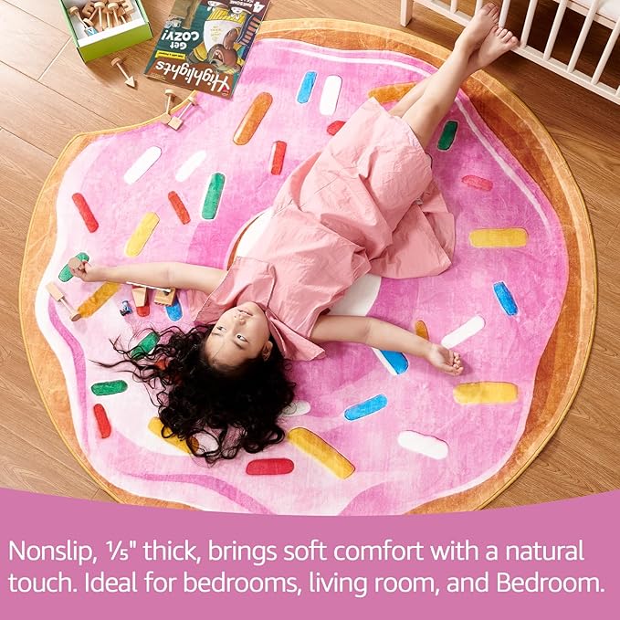 JINCHAN Cute Round Rug 4ft Strawberry Donut Fun Rug Washable Playroom Mat Sweet Dessert Circle Cool Rug Non Slip 4' Round Soft Cozy Pink Floor Mat Funky Gift for Girls Kids Teens Dorm Bedroom Playroom