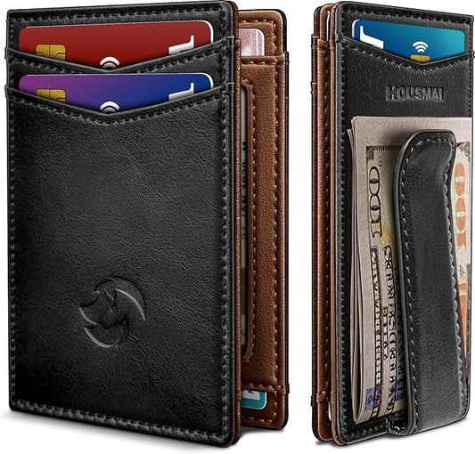 Housmai Magnetic Closure Slim Wallet for Men with Money Clip Gift Boxed,Genuine Leather Front Pocket Wallet, 3.9"x 2.7", RFID Blocking