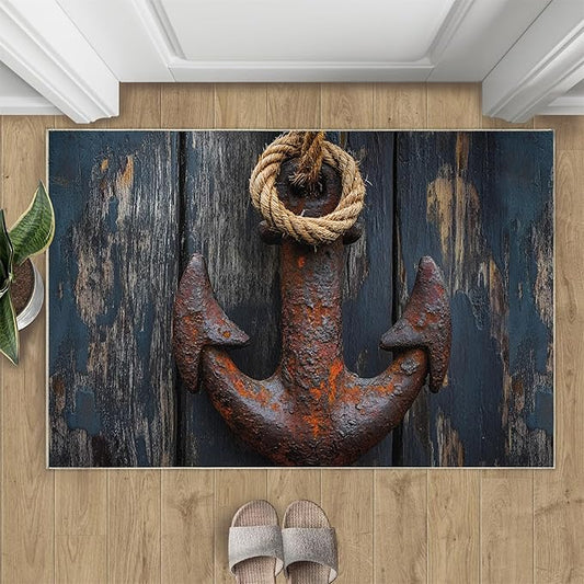 Nautical Anchor 5x6 Area Rugs,Distressed Wood Bedroom Rug Nautical Style Non-Slip Washable Rug for Living Room Nursery Kitchen Low-Pile Carpet