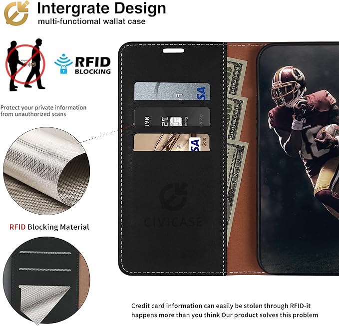 CIVICASE for iPhone 15 Pro Wallet Case,Leather Flip Case RFID Blocking Credit Card Holder Folio Magnetic Stand TPU Shockproof Cover Compatible with iPhone 15 Pro Black Blue