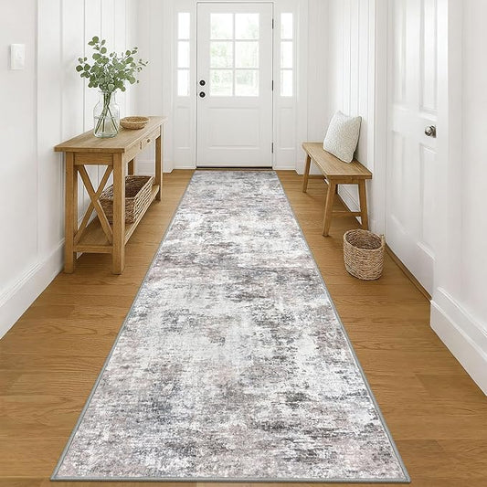 Modern Abstract 3x12 Runner Rug, Beige Grey Neutral Washable Long Kitchen Runner Non-Slip Soft Hallway Rug Runner Thin Print Faux Wool Floor Carpet for Entryway Hall Bedroom