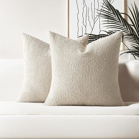 HAUSSY Set of 2 20x20 Decorative Throw Pillow Covers, Soft Cozy Textured Boucle Couch Cases, Home Decor for Couch Bed Living Room, Beige