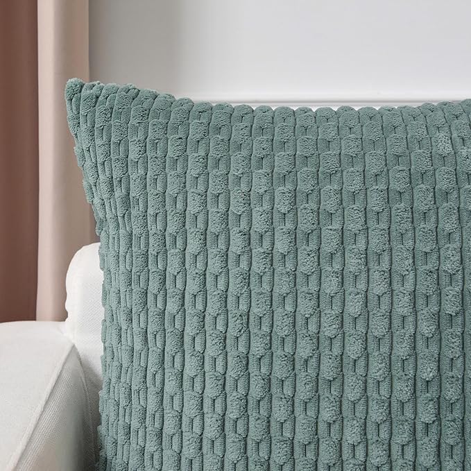 Kevin Textile Decorative Pillow Covers Set of 2 Striped Plush Corduroy Pillows Pillowcases Boho Home Decor Cushion Covers for Couch Sofa Bed Living Room 26x26 Inch, Teal Green