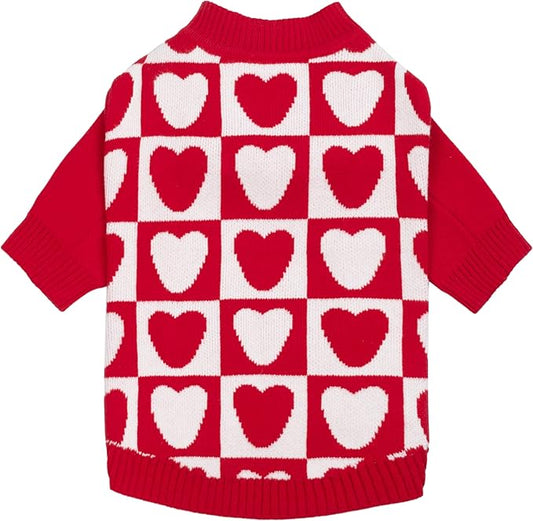 Fitwarm Checkered Heart Dog Sweater, Cozy Valentines Outfit for Small Dogs Girl, Festive Pet Clothes, Red, White, XL