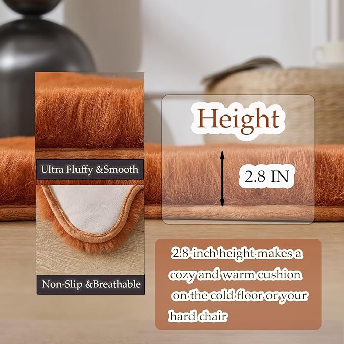 1700GSM Fuzzy Faux Sheepskin Fur Area Rug,Extra Soft Faux Fur Mat,Fluffy Shaggy Fur Rug for Bedroom Living Bedside Rug Room Decor-Burnt Orange, 2 x3 ft