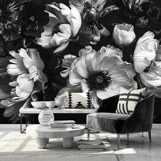 AFZEVEB-Black Peony Floral Wallpaper Vintage Large Flower Wall murals for Bedroom 182"x120"(Not Peel and Stick)