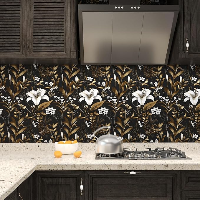 Black White Floral Wallpaper Peel and Stick, Dark Gold Vintage Contact Paper 17.5" x 393", Golden Botanical Wall Paper Self Adhesive Removable Waterproof for Bedroom Cabinet Drawer Table Decor