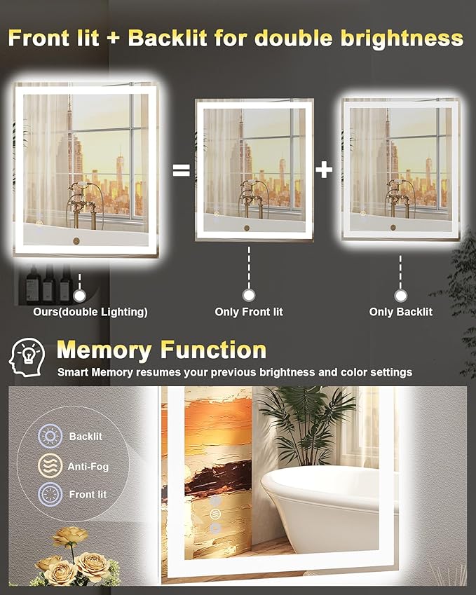 24"x 32" LED Mirror for Bathroom, Front and Backlit Controlled Separately LED Wall Vanity Mirror, LED Vanity Mirror with Lights, Stepless Dimmable, Anti Fog, Tempered Glass, Memory (ETL)