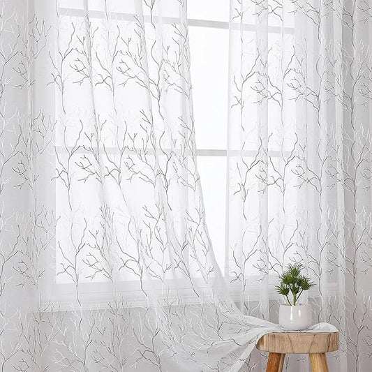 VISIONTEX White Sheer Curtains 108 inch Length 2 Panels Set Decorative Grey Coral Embroidery Rod Pocket Embroidered Semi Sheer Window Drapes for Living Room and Bedroom 54 x 108 Inches