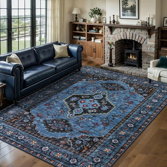 Tangsoo Blue 5x7 Area Rug Washable Rugs for Living Room, Oriental Indoor Non Slip Large Area Rugs, Vintage Print Carpet, Soft Low Pile Foldable Floor Rug for Bedroom Dining Room Dorm Blue/Black