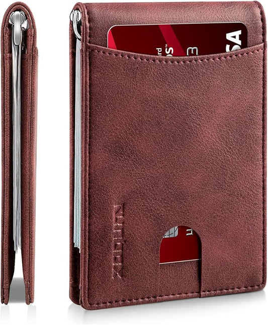 RUNBOX Slim Wallet for Men Genuine Leather RFID Blocking Bifold Minimalist Front Pocket Mens Wallet with Money Clip Thin Gift Box