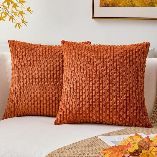 Kevin Textile Fall Corduroy Pillow Covers 26x26 Inch 2 Packs Soft Cozy Euro Pillows with Stripe Pattern Big Throw Pillowcases for Couch Sofa Bedroom Home Decor, Rust