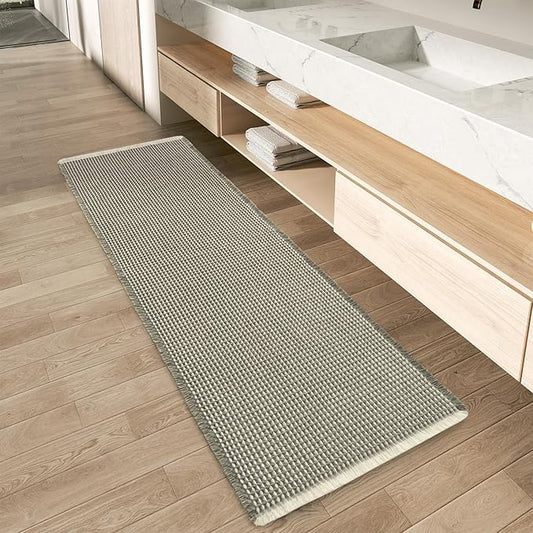 AMOAMI Upgraded Waffle Runner Rug Super Absorbent Non Slip Bath Mats for Bathroom Machine Washable Bathroom Runner Rug with Tassels, Ideal for Hallway Bedroom Laundry Room, 17" x 48‘’, Green & Cream