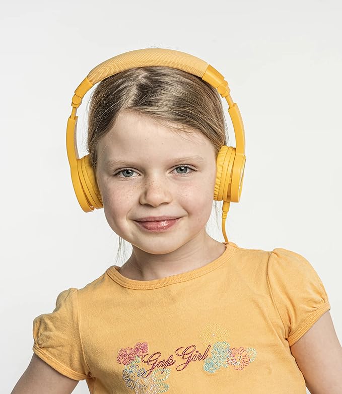 BuddyPhones Explore Plus | Foldable Kids Wired Headphones, Built-in Audio Sharing Cable with in-Line Mic - SafeAudio Volume-Limiting for Kindle, iPad, iPhone, or Android (Rose Pink)