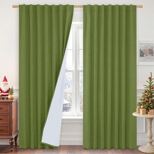 LAMIT Olive Green 100% Blackout Linen Curtains, 84 Inch Linen Textured Living Room Bedroom Drapes Room Darkening Back Tab and Rod Pocket Christmas Panels with White Liner, 2 Panels, 60 x 84 Inch