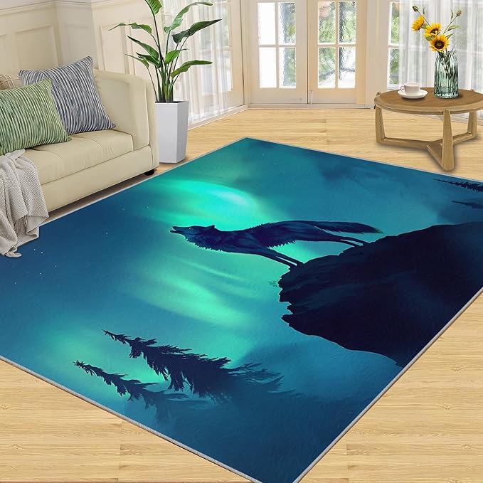 Wolf 4x6 Area Rugs for Living Room -Forest Washable Rug Aurora Non-Slip Carpet Indoor Floor Stain Resistant Thin Carpets for Bedroom Dining Room Home Office