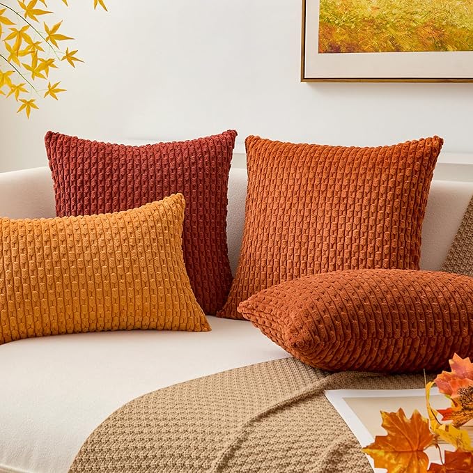 Kevin Textile Fall Throw Pillow Covers Soft Corduroy Decorative Set of 2 Boho Striped Pillow Covers Pillowcases Farmhouse Home Decor for Couch Bed Sofa Living Room 22x22 Inch Orange Yellow