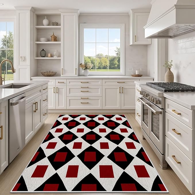 Plaid Rug 6x9, Vintage Geometric Soft Ultra Soft Faux Wool Low Pile Rug, Indoor Floor Mats Carpet, Non-Slip Stain Resistant Washable Rugs, Modern Red Rugs for Living Room Home Office Decor