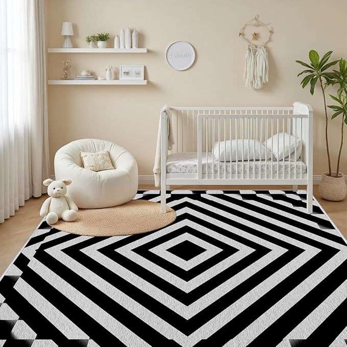 Black and White Rug 6x9, Checkered Soft Thin Indoor Floor Mats Carpet, Non-Slip Stain Resistant Washable Rugs, Modern Rhombus Geometric Rugs for Living Room, Farmhouse Rug