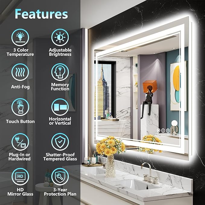 48x30 LED Bathroom Mirror with Lights, Backlit + Front Lit, Anti-Fog Lighted Vanity Mirror for Bathroom Wall with 3 Colors, Dimmable, Memory, Shatter-Proof Tempered Glass, Horizontal/Vertical