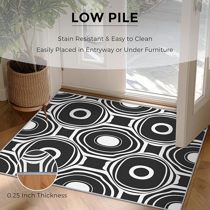 Black and White Geometric Rugs for Home Decor, 3x5 ft, Ring Circle Area Rugs for Living Room, Soft Non Slip Washable Modern Abstract Carpet Bedroom Decorations Dt-Ghf-31