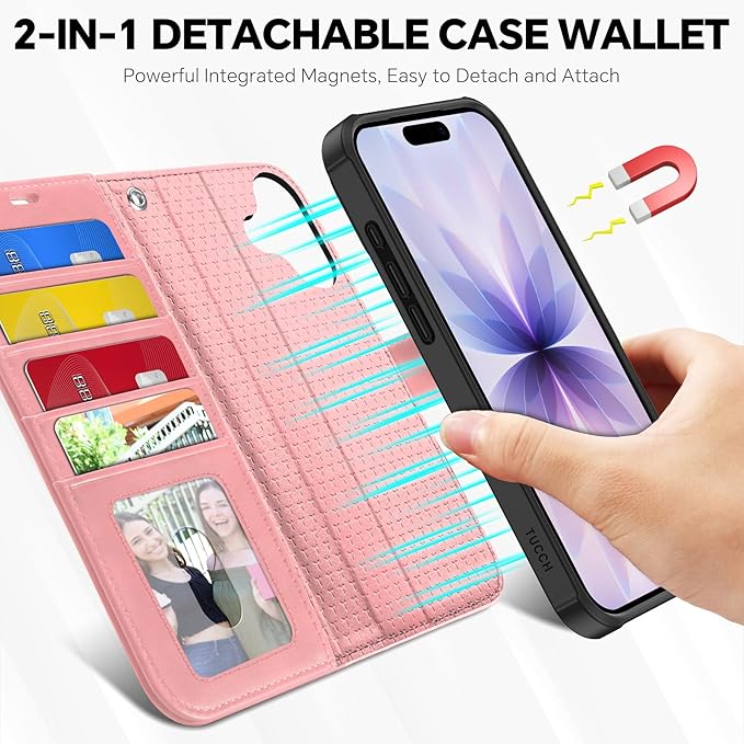 TUCCH 2-in-1 Detachable Wallet Case for iPhone 17 (6.3-inch) 2025, RFID Blocking 4 Card Slots, Wireless Charging, Wrist Strap, Kickstand, Magnetic, PU Leather, Protective Flip Cover, Rose Gold