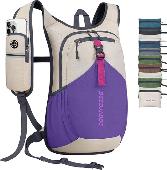 BECOJADDE 20L Small Hiking Backpack for Men Women Foldable Packable Back Pack Ultralight Hiking Daypack for Travel Camping Outdoor, Beige Purple