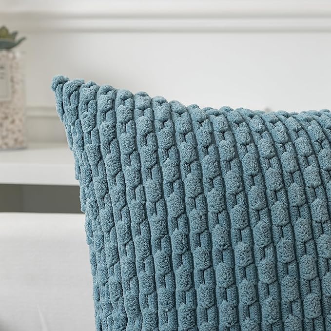 Kevin Textile Throw Pillow Covers Soft Corduroy Decorative Set of 2 Boho Striped Pillow Covers Pillowcases Farmhouse Home Decor for Couch Bed Sofa Living Room 16x16 Inch Blue Grey