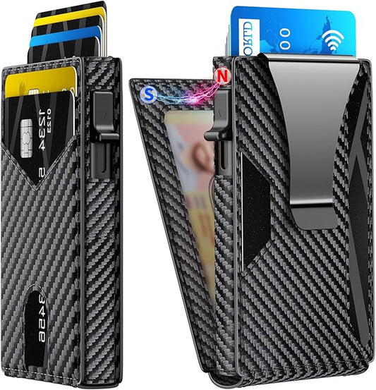 KISUEDZP Wallet for Men Slim RFID Blocking -Metal Smart Pop-Up Credit Card Holder with 2 ID Windows, Holds 8-10 Cards,Bifold Minimalist Front Pocket Wallet & Money Clip,Men's accessories(Carbon)