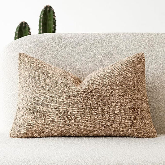 Foindtower Textured Boucle Throw Pillow Covers Accent Solid Lumbar Pillow Cases Cozy Soft Decorative Couch Cushion Case for Chair Sofa Bedroom Living Room Home Decor, 12 x 20 Inch,Taupe Khaki Camel