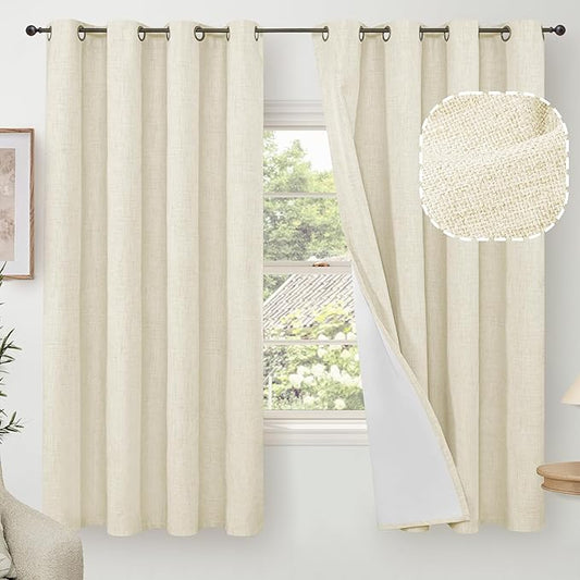 Lajode 60 Inch Wide Linen Blackout Curtains for Bedroom 63 Inch Length 2 Panels, Total Black Out Thermal Insulated Energy Efficiency Grommet Boho Window Drapes White Liner for Modern Farmhouse, Cream