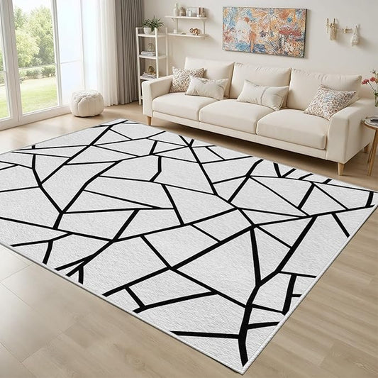 Black and White Rug, Area Rugs 8x10, Modern Abstract White and Black Rug, Geometric Rugs for Living Room Bedroom, Irregular Polygon Carpet Washable Non Slip Home Decor