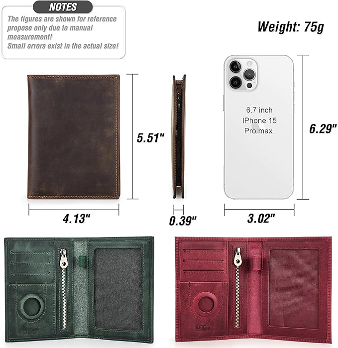 Top Grain Leather Single Travel Passport Wallet Embossing Badge for Unisex, Folio Design for Passport & Multi Cards, RFID Blocking for Passport/Cards/Checks/Bills/AirTag, Coffee Default, FR