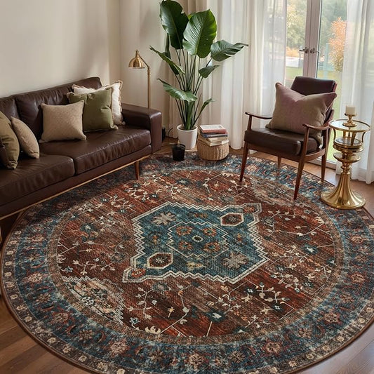 Tangsoo Oriental Round Area Rugs 6ft, Washable Circle Rug, Non Slip Boho Round Area Rug, Vintage Low Pile Circular Rugs,Large Rounds Rugs Carpet for Livingroom Bedroom Nursery Dorm Office Rust/Blue