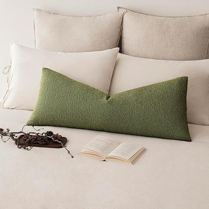 Foindtower Decorative Textured Boucle Throw Pillow Covers Accent Solid Pillow Cases Neutral Long Body Lumbar Couch Cushion Case for Chair Sofa Bedroom Living Room Home Decor 14x36 Inch,1PC,Green