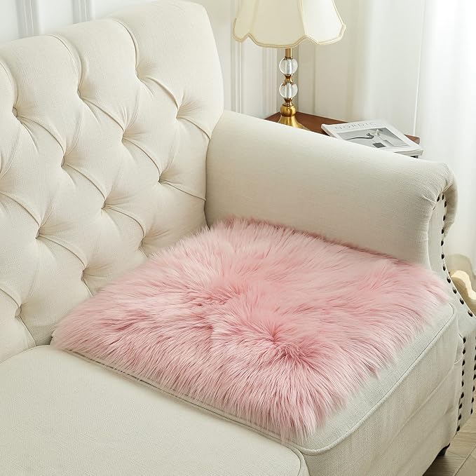 Softlife Pink Faux Fur Sheepskin Chair Cover 2 PCs Seat Cushion Pad Super Soft Area Rugs for Living Bedroom Sofa Dorm (1.6ft x 1.6ft)